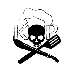 Kitchen Pirates Logo - A chef's hat with crossed knife and spatula inside a pirate skull silhouette.