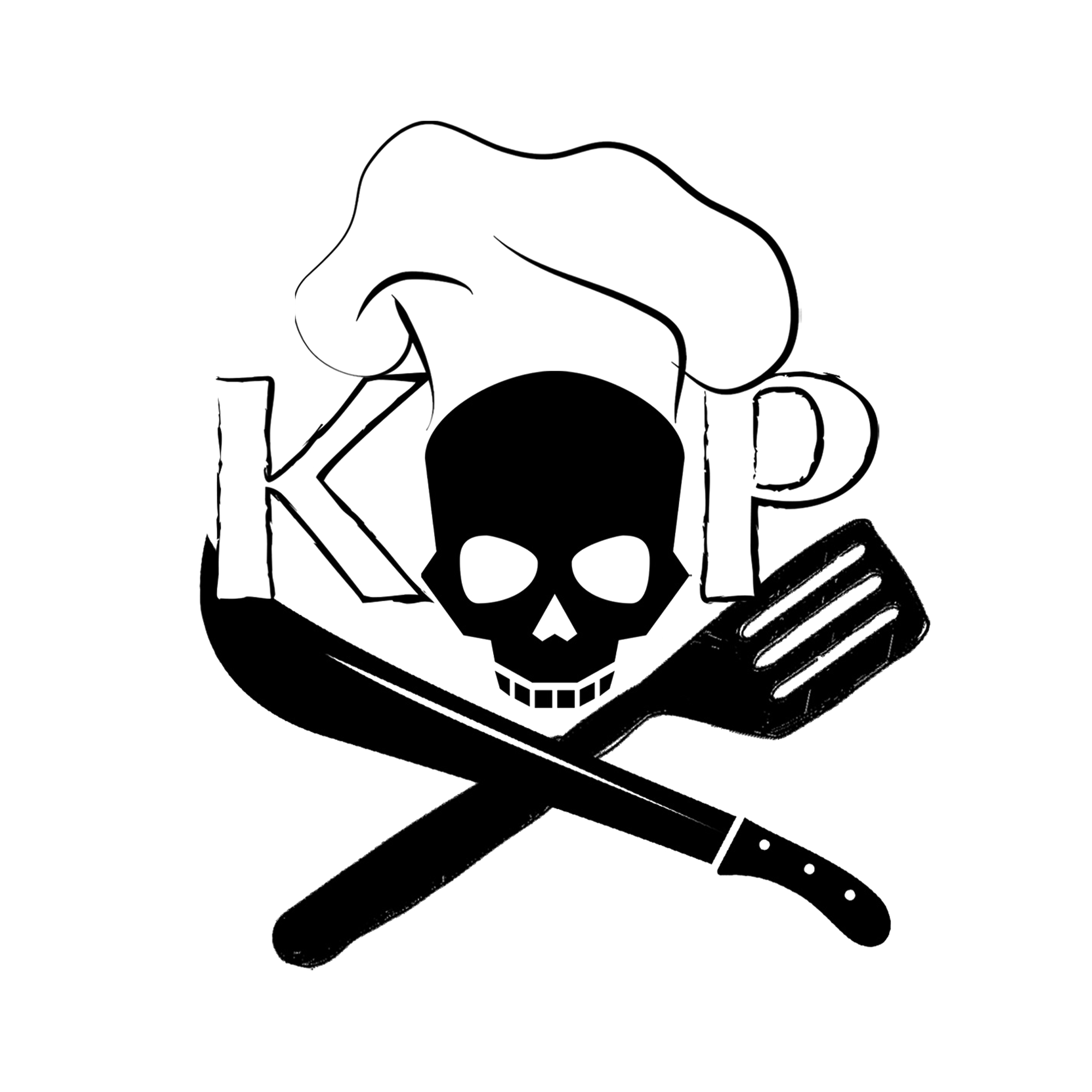 Kitchen Pirates Logo - A chef's hat with crossed knife and spatula inside a pirate skull silhouette.